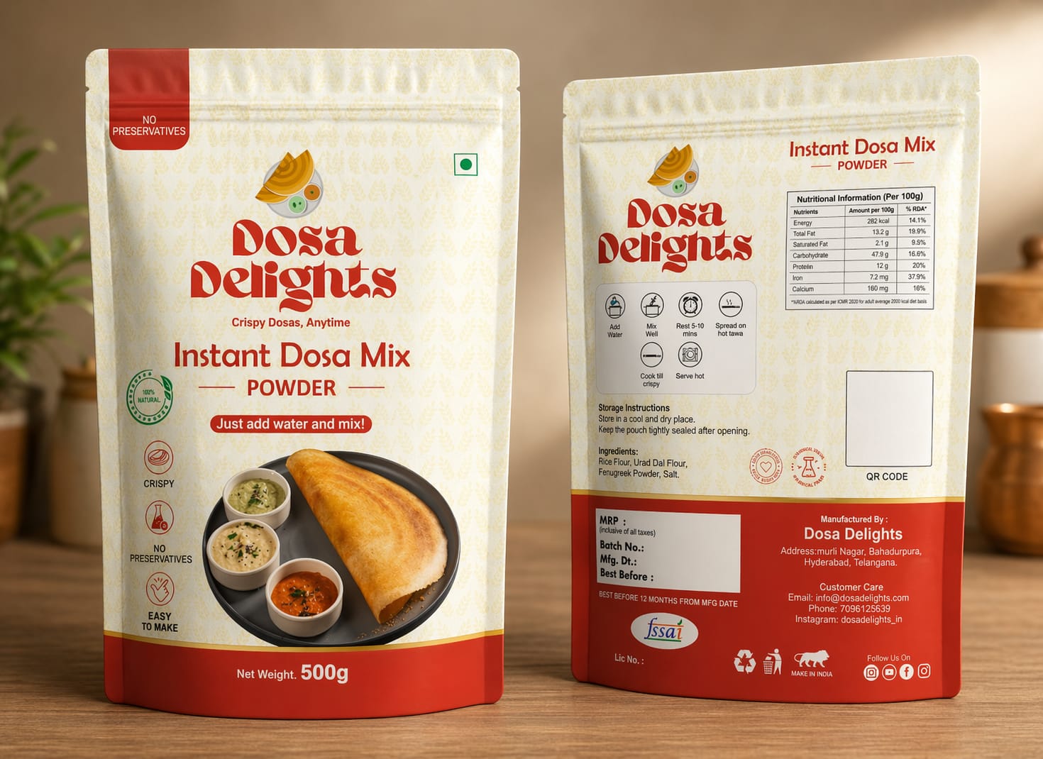 Dosa Delights instant dosa batter powder packaging